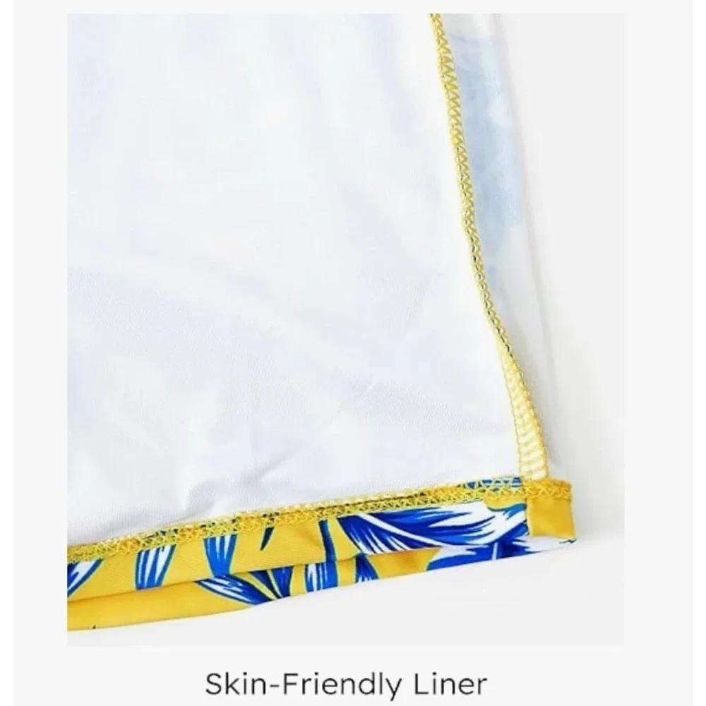Men's Large Yellow Blue Tropical Leaf Swim Trunks Elastic Drawstring‎ Pockets